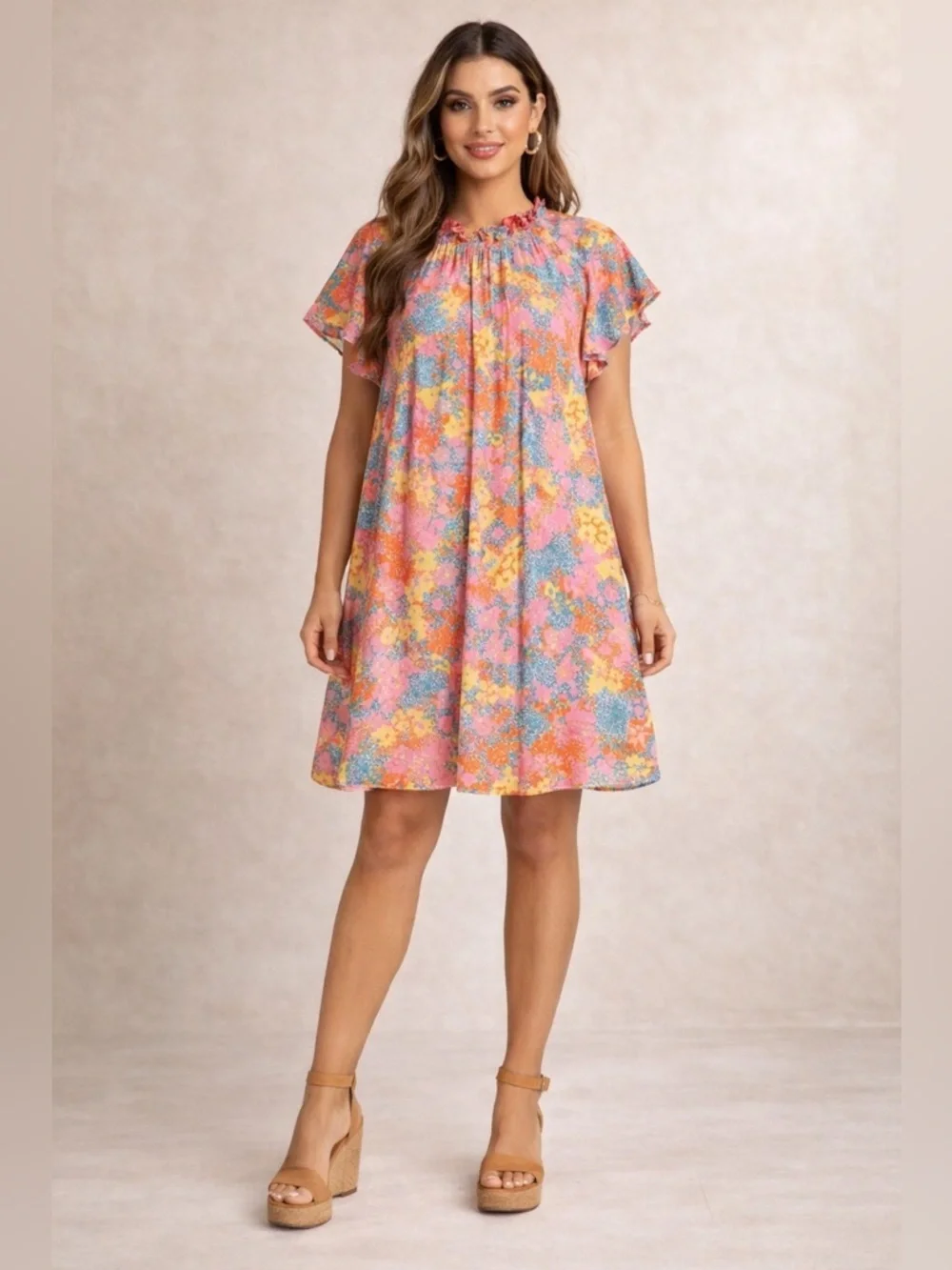 Umgee Floral Boho Shift Dress Size Large Pink Ruffle Neck Flowy Boutique - Picture 1 of 9